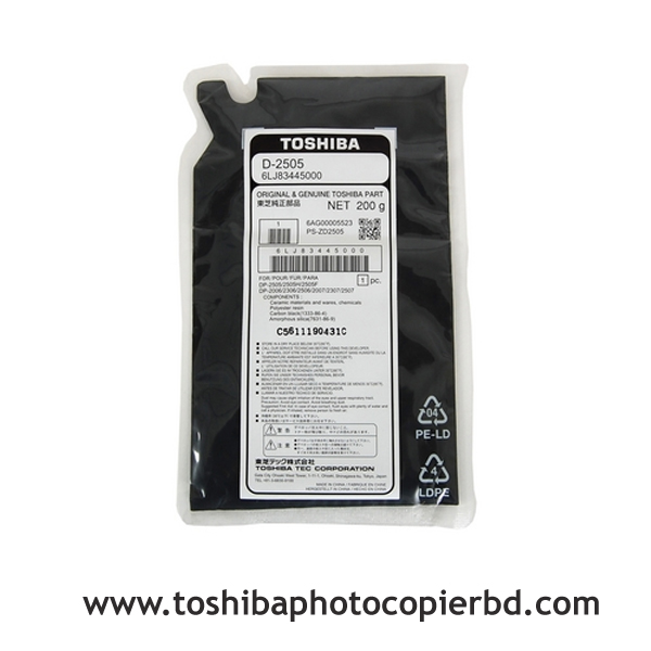 Toshiba D-2505 is a black developer ink for e-studio 2006; 2303A; 2303AM; 2803A; 2523A; 2523AD; 2323AM; 2007; 2306; 2505F; 2505H; 2507; 2802AF; 2802AM; 2809A, 2829A, 2323AMW, 2323AMS and 2823AMW Photocopiers. It aids in better printing and reduces the cost of copying for your copier. The dimensions of D-2505 black developer ink are 9.4 x 5.7 x 0.9 inches and the net weight is 200g. The Toshiba D-2505 developer has no warranty.