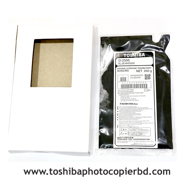 Toshiba D-2505 is a black developer ink for e-studio 2006; 2303A; 2303AM; 2803A; 2523A; 2523AD; 2323AM; 2007; 2306; 2505F; 2505H; 2507; 2802AF; 2802AM; 2809A, 2829A, 2323AMW, 2323AMS and 2823AMW Photocopiers. It aids in better printing and reduces the cost of copying for your copier. The dimensions of D-2505 black developer ink are 9.4 x 5.7 x 0.9 inches and the net weight is 200g. The Toshiba D-2505 developer has no warranty.