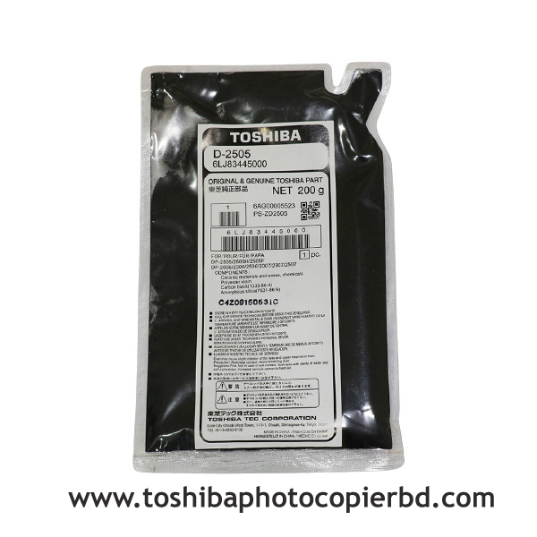 Toshiba D-2505 is a black developer ink for e-studio 2006; 2303A; 2303AM; 2803A; 2523A; 2523AD; 2323AM; 2007; 2306; 2505F; 2505H; 2507; 2802AF; 2802AM; 2809A, 2829A, 2323AMW, 2323AMS and 2823AMW Photocopiers. It aids in better printing and reduces the cost of copying for your copier. The dimensions of D-2505 black developer ink are 9.4 x 5.7 x 0.9 inches and the net weight is 200g. The Toshiba D-2505 developer has no warranty.