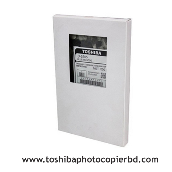 Toshiba D-2505 is a black developer ink for e-studio 2006; 2303A; 2303AM; 2803A; 2523A; 2523AD; 2323AM; 2007; 2306; 2505F; 2505H; 2507; 2802AF; 2802AM; 2809A, 2829A, 2323AMW, 2323AMS and 2823AMW Photocopiers. It aids in better printing and reduces the cost of copying for your copier. The dimensions of D-2505 black developer ink are 9.4 x 5.7 x 0.9 inches and the net weight is 200g. The Toshiba D-2505 developer has no warranty.