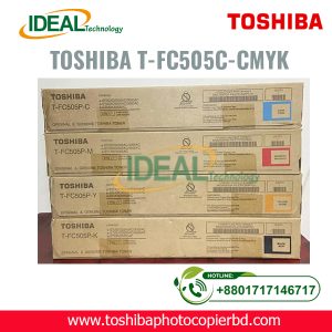 Toshiba T-FC505C-CMYK genuine copier toner cartridge also supports Toshiba e-Studio 2000AC, 2500AC, 2505AC, 3005AC, 3505AC, 4505AC, and 5005AC. Digital Photocopier Machines. It has a net weight of 550 gm and a maximum yield of ±25000 Pages @ 5% average coverage.