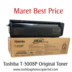 Buy Toshiba Original T-3008P Black Toner Cartridge Price in Bangladesh Toshiba T-3008P Black Original & Genuine Toner Cartridge Supplies are specifically designed for the following Models: Toshiba e-Studio 2508A/3008A/3508A/4508A/5008A Photocopier Machines. It has 700gm weight and maximum yield ± 40000 pages @ 5% average coverage & which Gets a great value for everyday business Coping / Printing.