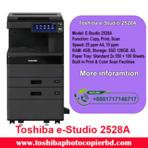 Toshiba e-Studio 2528A Photocopier Price in Bangladesh Have you been on the lookout for a reliable and efficient photocopier for your office in Bangladesh? Look no further than the Toshiba e-Studio 2528A. In this article, we'll explore the features and benefits of this top-of-the-line photocopier and discuss its price in Bangladesh. Introduction to the Toshiba e-Studio 2528A The Toshiba e-Studio 2528A is a multifunctional photocopier that offers fast and high-quality printing, scanning, and copying capabilities. With its user-friendly interface and advanced features, this photocopier is perfect for small to medium-sized businesses in Bangladesh. One of the key features of the Toshiba e-Studio 2528A is its fast printing speed, which allows you to quickly and efficiently produce high-quality documents. Whether you need to print reports, presentations, or marketing materials, this photocopier can handle it all with ease. Key Features of the Toshiba e-Studio 2528A Fast Printing: With a printing speed of up to 28 pages per minute, you can get your documents printed quickly and efficiently. High-Quality Prints: The Toshiba e-Studio 2528A delivers crisp and clear prints, ensuring that your documents look professional every time. Advanced Scanning: Scan documents directly to your computer or email with the photocopier's advanced scanning capabilities. Duplex Printing: Save paper and reduce waste with automatic duplex printing, allowing you to print on both sides of the paper. Benefits of the Toshiba e-Studio 2528A Cost-Effective: With its low operating costs and energy-saving features, the Toshiba e-Studio 2528A is an affordable option for businesses in Bangladesh. Easy to Use: The user-friendly interface makes it easy for anyone in the office to operate the photocopier, saving time and reducing errors. Reliable Performance: The Toshiba e-Studio 2528A is built to last, providing consistent and reliable performance day in and day out. Versatile: From printing and copying to scanning and faxing, this photocopier offers a wide range of functions to meet all your office needs. Toshiba e-Studio 2528A Price in Bangladesh Now, let's talk about the price of the Toshiba e-Studio 2528A in Bangladesh. The cost of this photocopier can vary depending on the vendor, additional features, and any ongoing promotions. Generally, you can expect to pay between BDT 1,50,000 to BDT 2,00,000 for the Toshiba e-Studio 2528A in Bangladesh. In conclusion, the Toshiba e-Studio 2528A is a reliable and efficient photocopier that provides fast printing, high-quality output, and a range of advanced features. If you're looking for a cost-effective solution for your office in Bangladesh, consider investing in the Toshiba e-Studio 2528A. So, are you ready to take your office productivity to the next level with the Toshiba e-Studio 2528A? Remember that when it comes to choosing a photocopier for your business, quality and reliability are key. The Toshiba e-Studio 2528A ticks all the boxes and more, making it a top choice for businesses in Bangladesh. Conclusion In conclusion, the Toshiba e-Studio 2528A is a high-performing photocopier that offers a range of advanced features to meet all your office needs. With its fast printing speed, high-quality output, and cost-effective operation, this photocopier is the perfect choice for businesses in Bangladesh. So, why wait? Upgrade your office equipment today with the Toshiba e-Studio 2528A.
