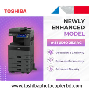 The Toshiba e-Studio 2521AC Basic Multifunctional Laser Color Printer has Reliable and efficient A3 Colour Multifunction Printing System, offering advanced functions to small and medium-sized companies for quality colour printing in all working environments. The organisation within companies has definitely changed in recent years: information must be available everywhere and at any time. The Toshiba e-Studio 2521AC + Extra Drawer + RADF Color Copier Machine has Copy / Print and Scan Function, 25 ppm A4, 13 ppm A3. copy / print Speed, 1200 x99200 1bit DPI resolution, Paper Capacity (Tray 1: 250 pages + Bypass: 100 pages = 350 Pages) 350 Sheets Paper Capacity, 84.000 Colour, 84.000 Monochrome sheets monthly duty cycle, 4 GB RAM, SSD 128GB, Scan to e-filing, USB, PC, SMB, FTP, Email, Twain, Files, Mobile Printing, Network Printing, Cloud Printing, Top Access, e-filing, Template & Standard Scan OCR.They need to maintain secure, permanent access to their data to maintain maximum efficiency and productivity. Print, scan, copy and fax at a speed of 20 pages per minute, Large touch screen (26cm) customizable according to the needs of your company for a great simplicity of’use and optional voice assistance to adapt to all users, Optional voice assistance to adapt to all users, Cloud and mobile printing and a wide range of solutions that simplify the most complex workflows and give you access to your data wherever you are, High level of security guaranteeing the’ integrity of your data and your Computer Park.