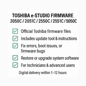 Download official firmware for Toshiba e-Studio 2050C, 2051C, 2550C, 2551C, and 5050C. Fix errors, restore functionality, and upgrade your MFP system. Fast digital delivery.