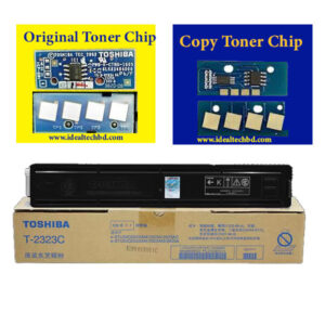 Toner chip on a genuine Toshiba T-2323C cartridge – smart chip ensures compatibility and print tracking. Essential feature to verify authenticity of original toner cartridges.